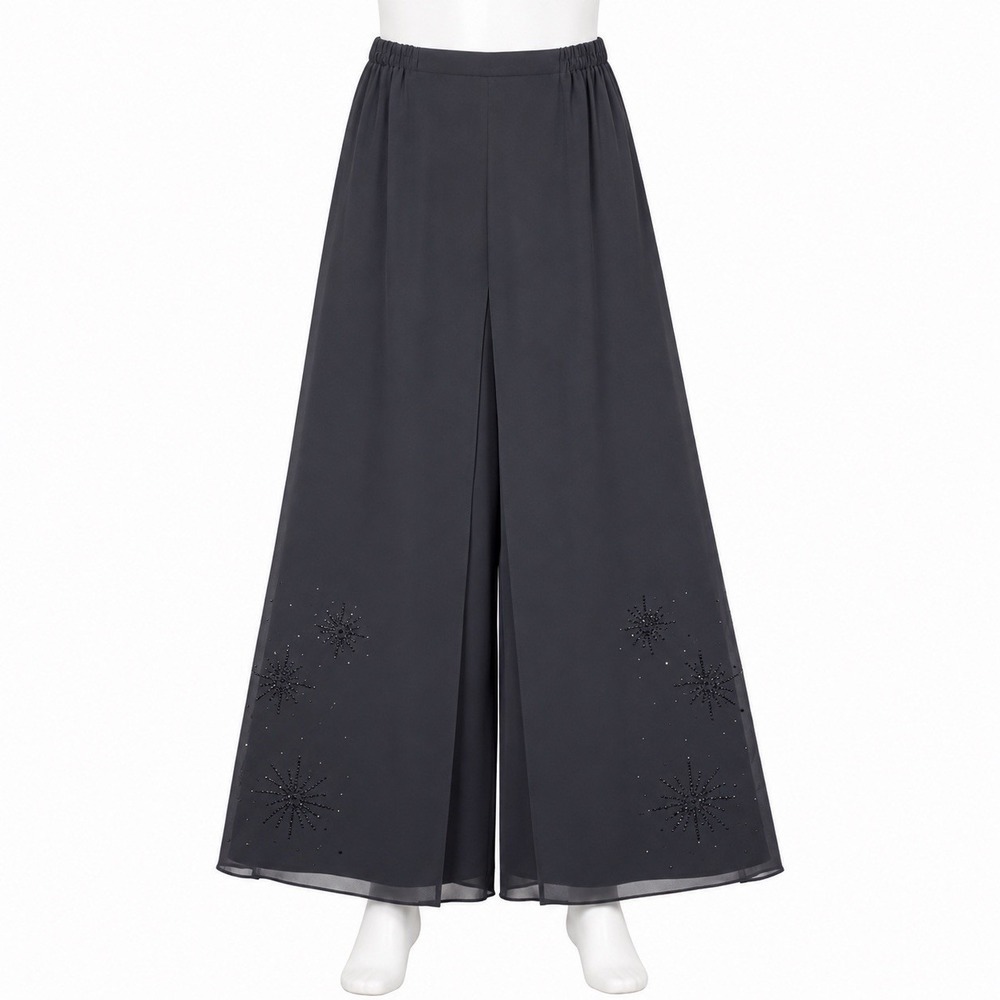 Papell Boutique Beaded Wide Leg Pant 10 Black Chiffon Overlay Evening Front Slit